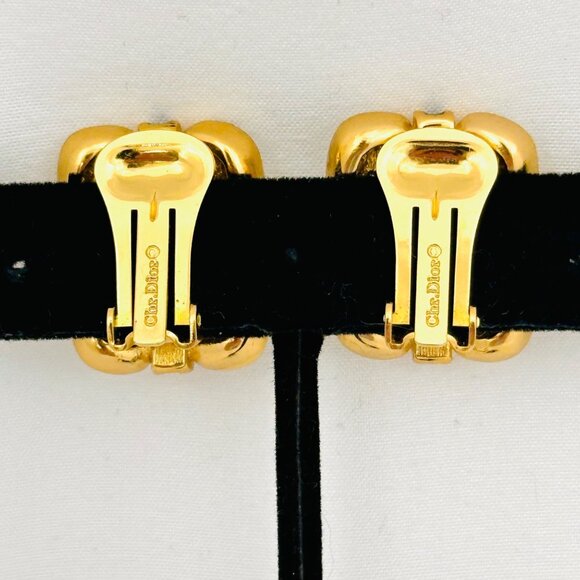 Vintage Christian Dior Gold Tone Faceted Rhinestone/Black Enamel Clip Earrings - Picture 4 of 9